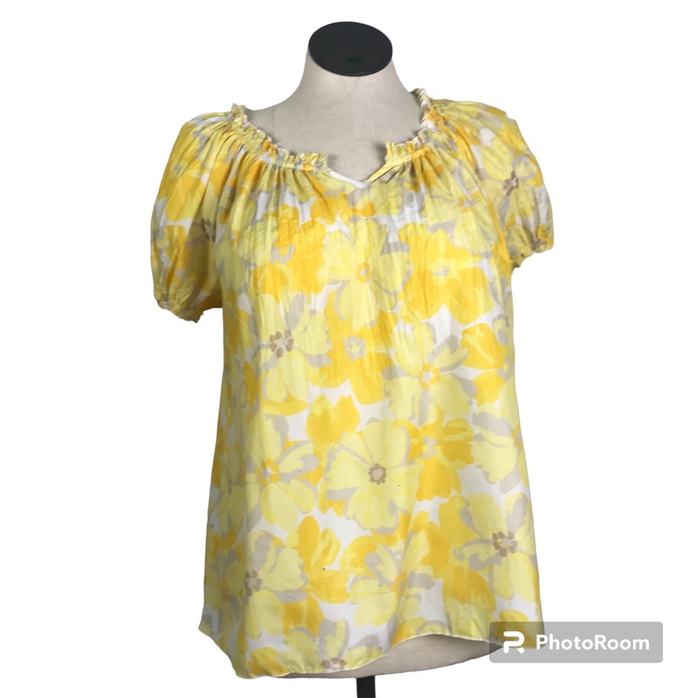 CROFT & BARROW Blouse Pullover Women’s Size M Yellow Floral Short Sleeve Ruffles